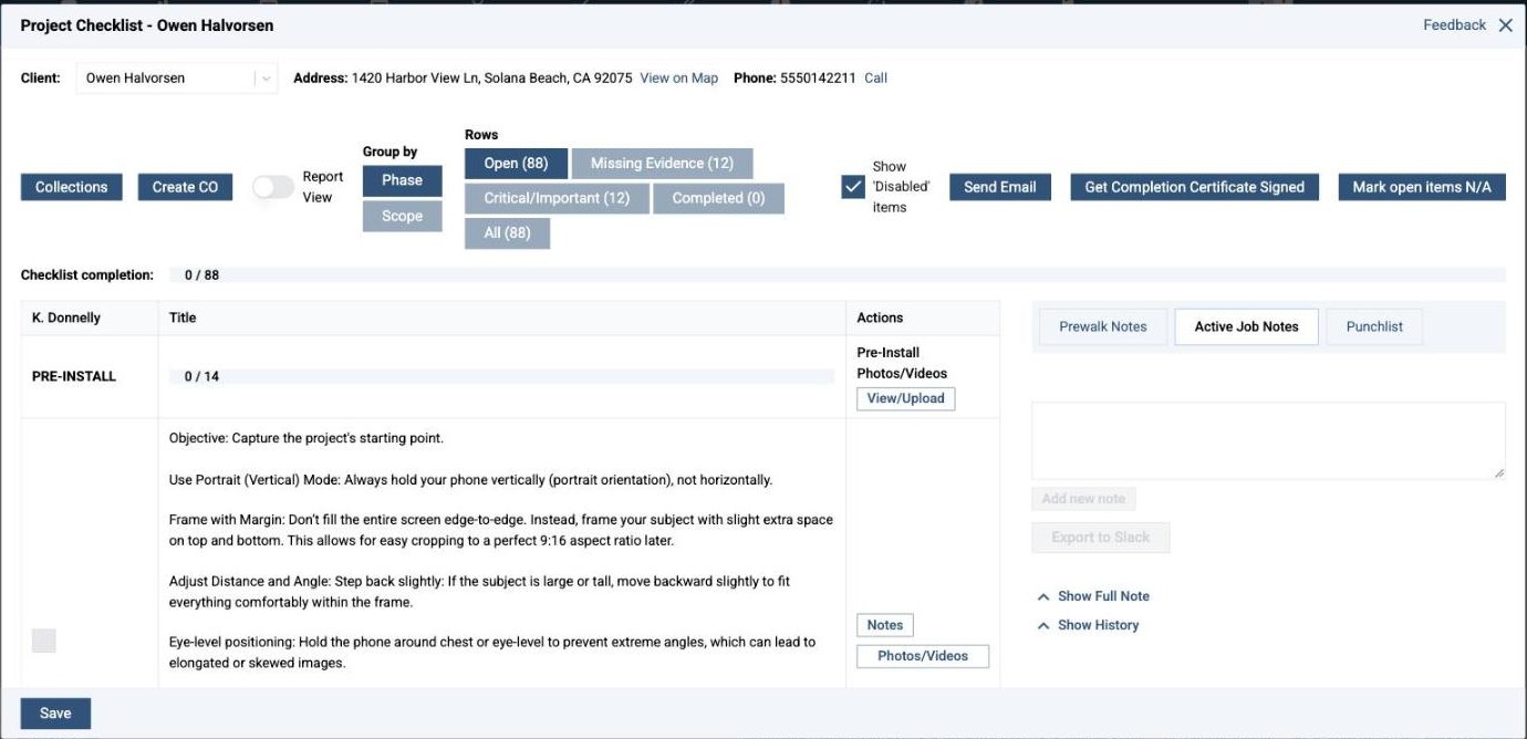 Project checklist with 88 items grouped by phase, missing evidence count, pre-install photo instructions and job notes