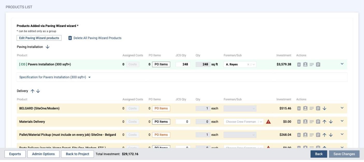 Estimate line items with assigned costs, purchase order items, crew quantity, foreman and investment