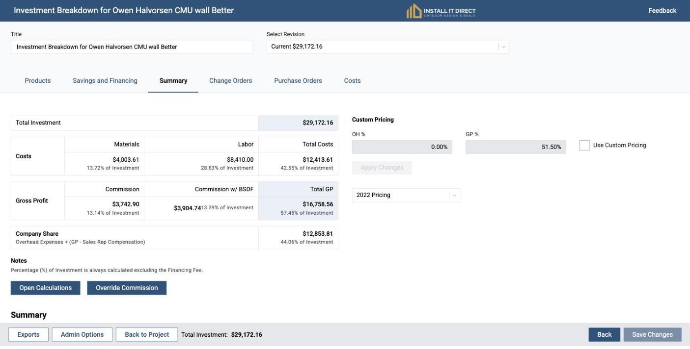 Estimate summary showing total investment, material and labor costs, commission, gross profit and company share
